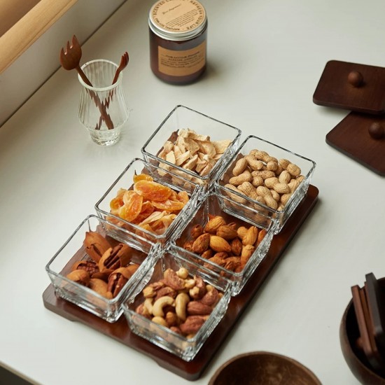 Wooden & Glass Serving Platter with Wooden Stand - 6 Pieces
